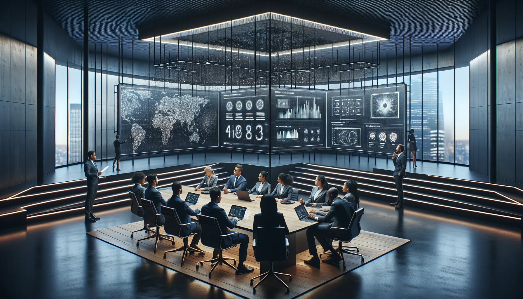 diverse professionals discussing future technology in a modern office.