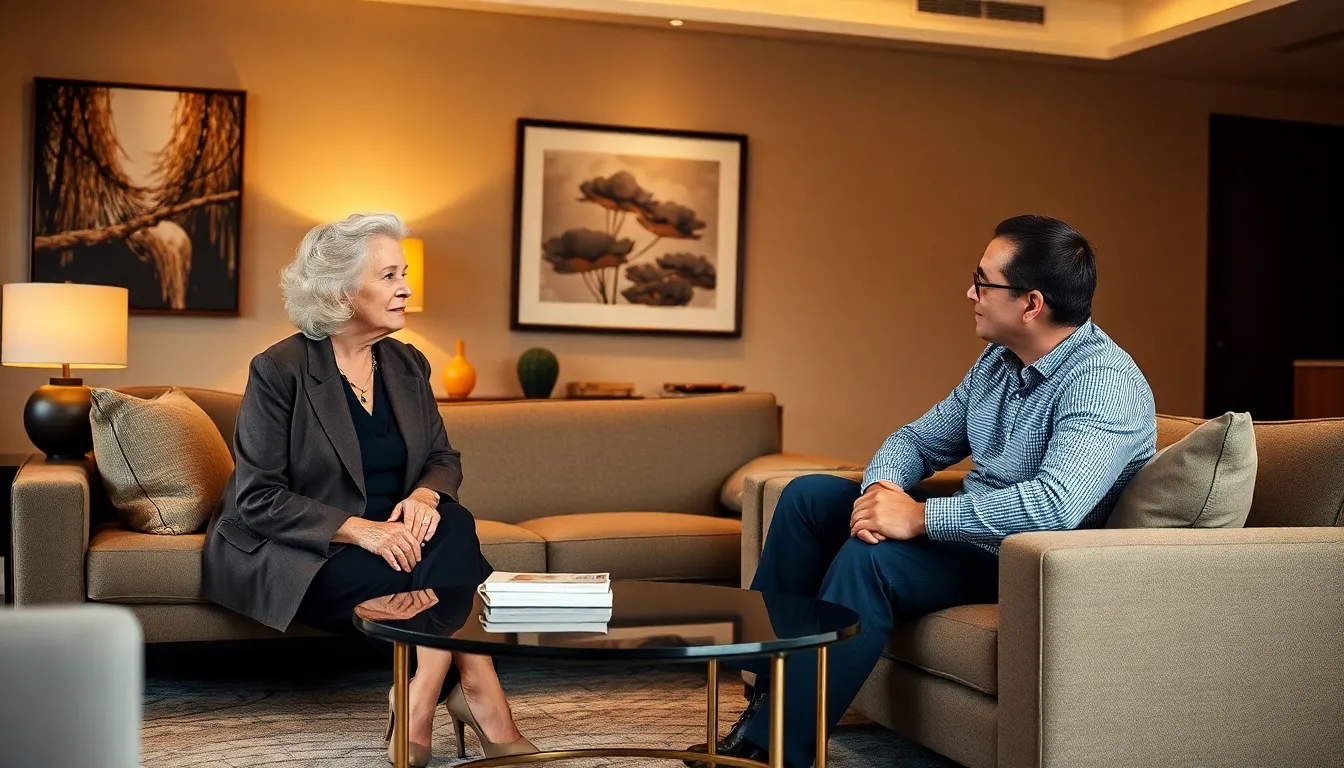 mature woman discussing in an elegant living room.