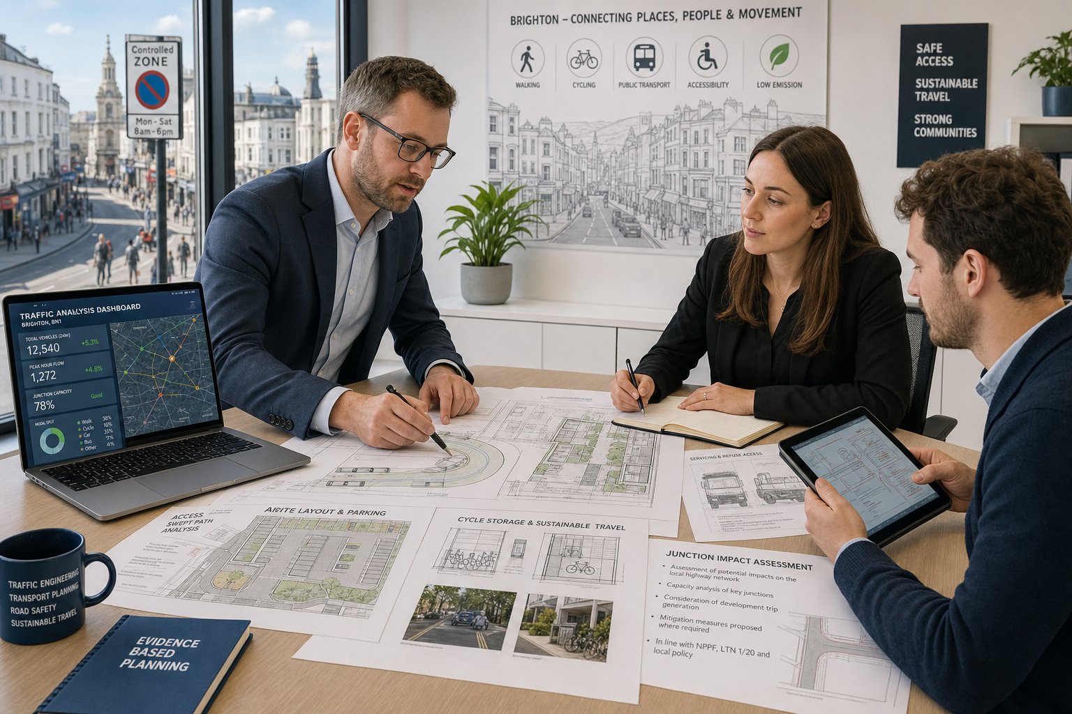 Traffic engineer reviewing Brighton planning and transport drawings in a modern office.