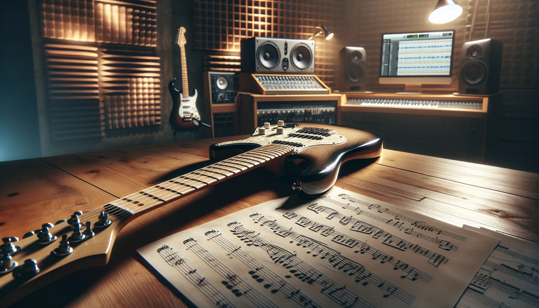 electric guitar in drop C tuning on a stylish workspace.