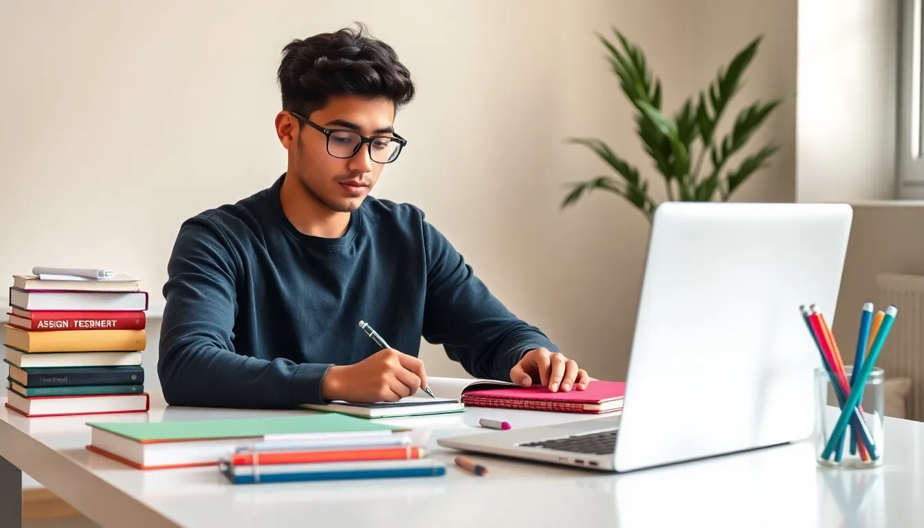 student studying at a tidy desk in a bright room.