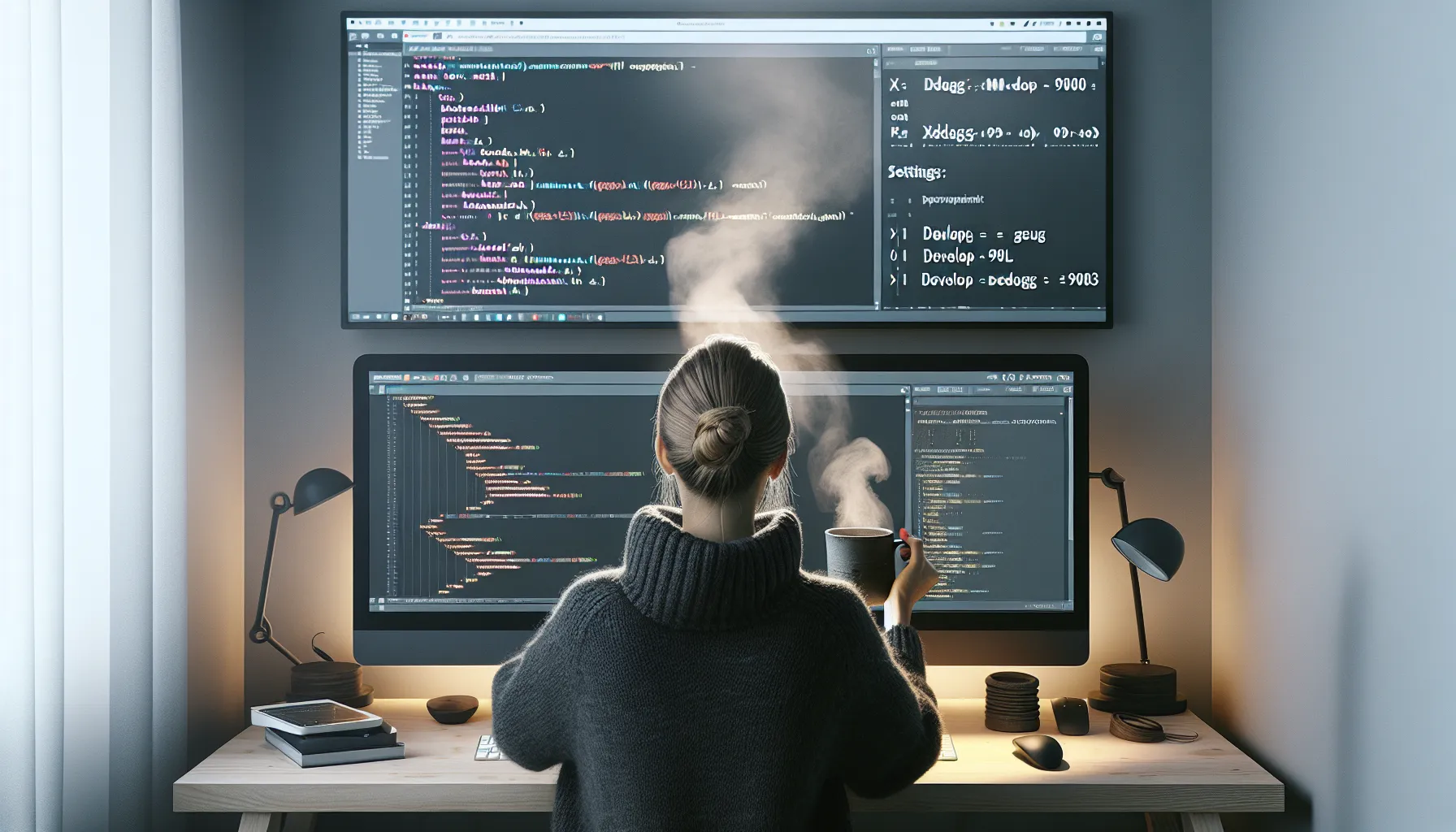 Norwegian developer debugging wordpress with xdebug and profiling graphs on dual monitors.