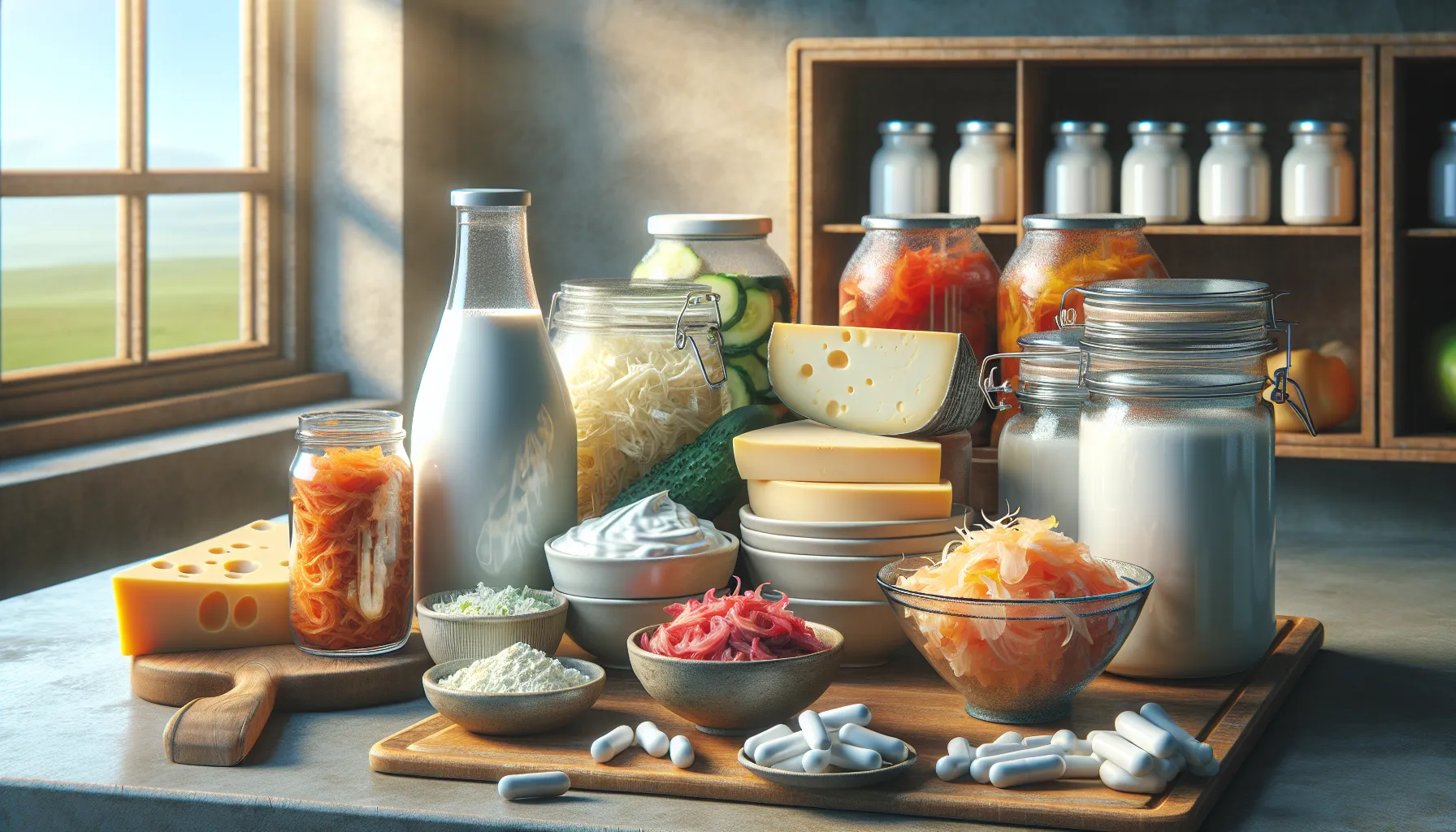 Probiotic foods like yogurt, kefir, sauerkraut, and cheese displayed with supplements.