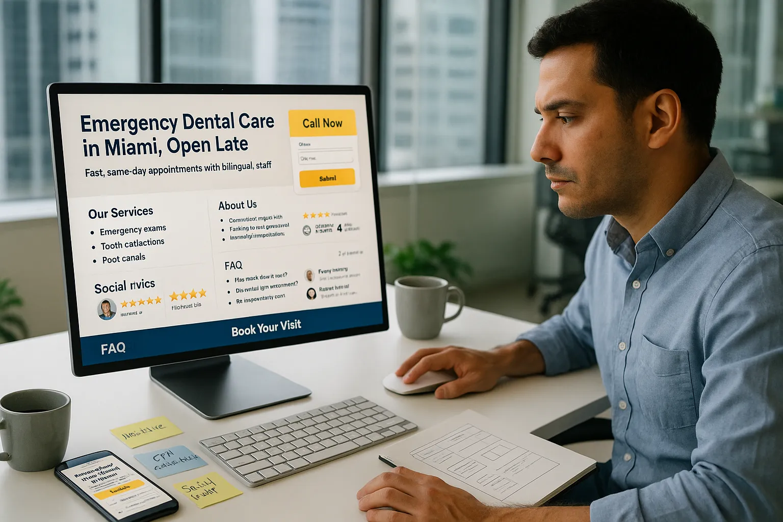 Marketer designing a Miami emergency dental local SEO landing page on a laptop.