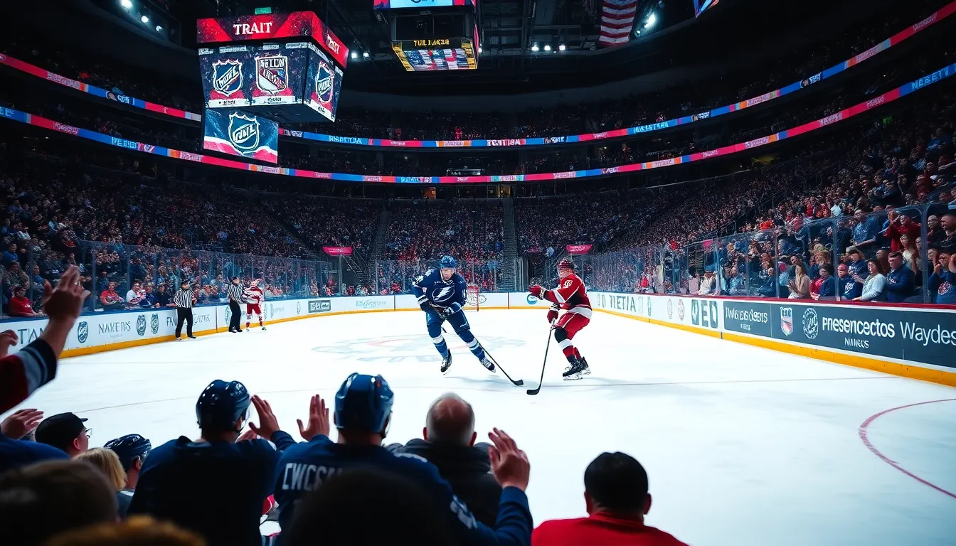 NHL players in action during an intense hockey game.