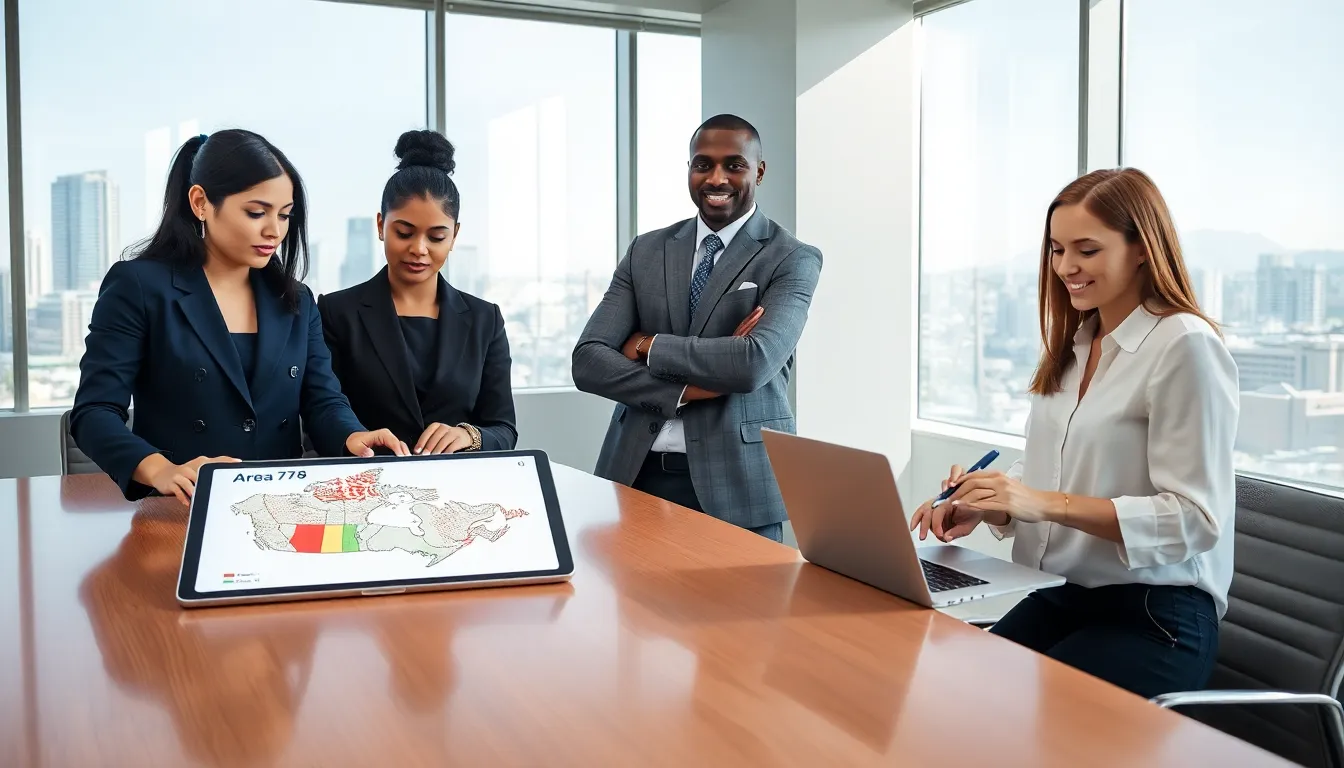 diverse team discussing phone number area codes in a modern office.