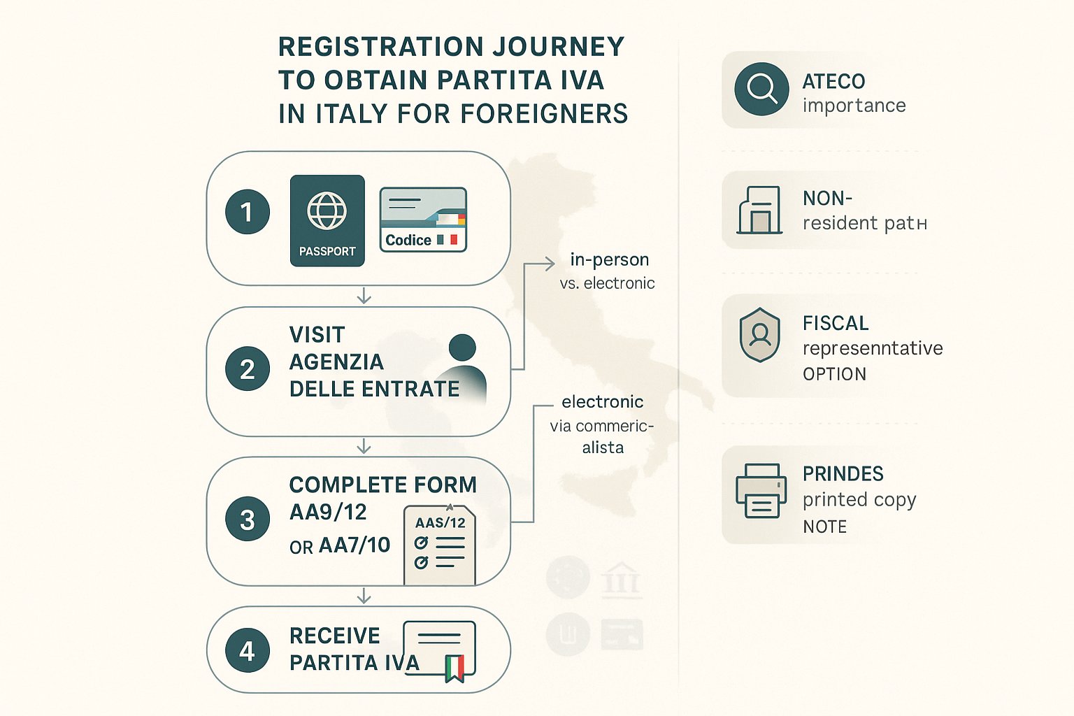 Infografica passo dopo passo che mostra come gli stranieri si registrano per la Partita IVA in Italia.