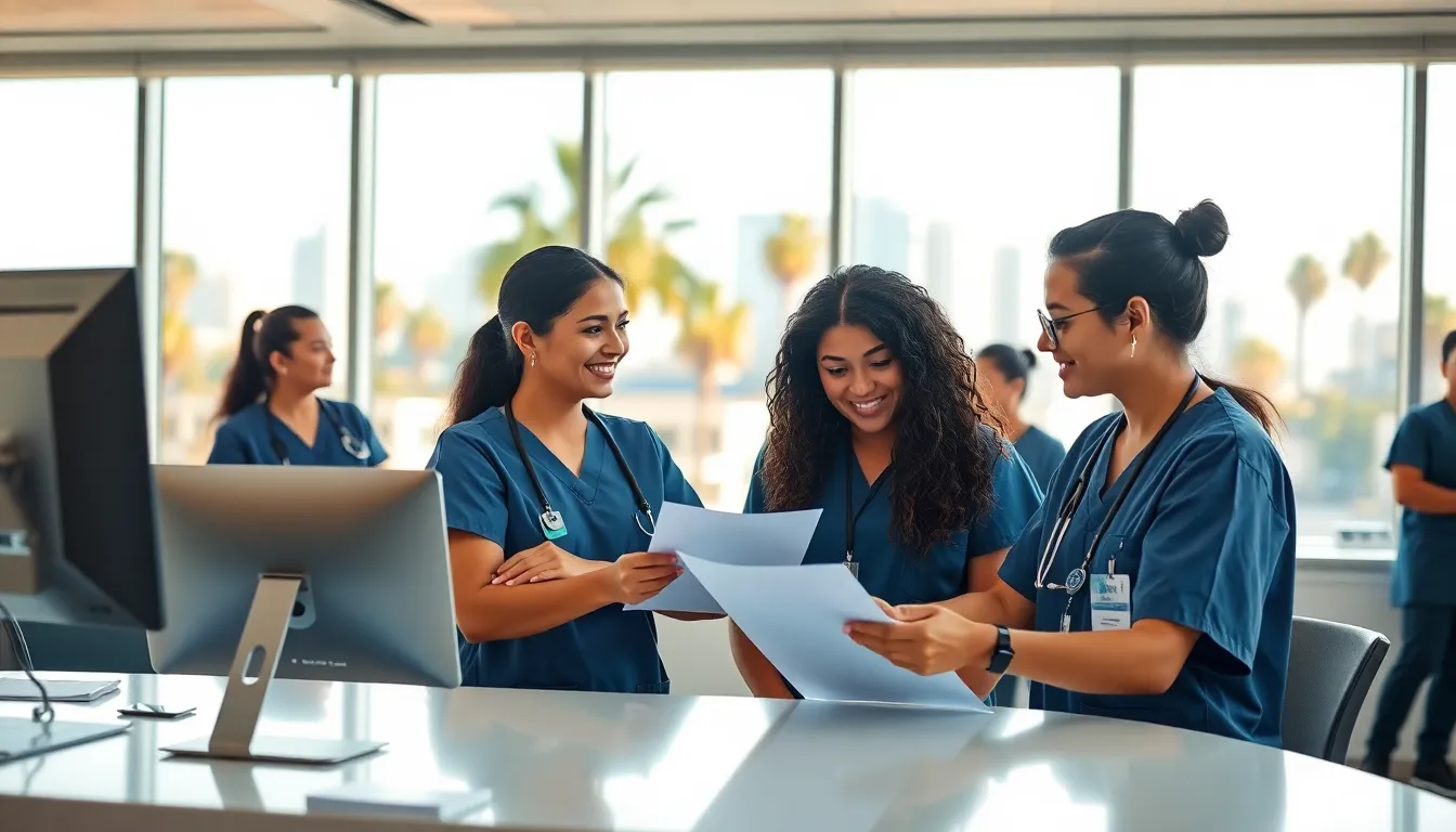 diverse nurses collaborating in a modern California hospital.