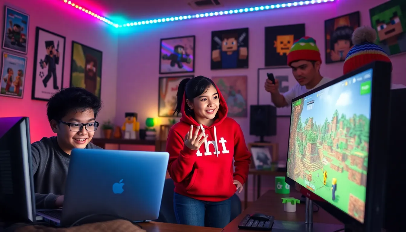 Gamers collaborating while showcasing the latest Minecraft update features.