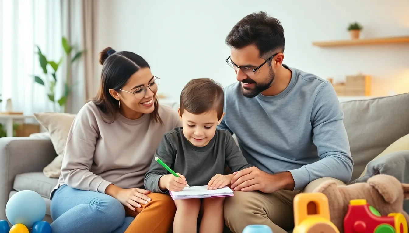 family engaged in supportive conversation in a cozy living room.