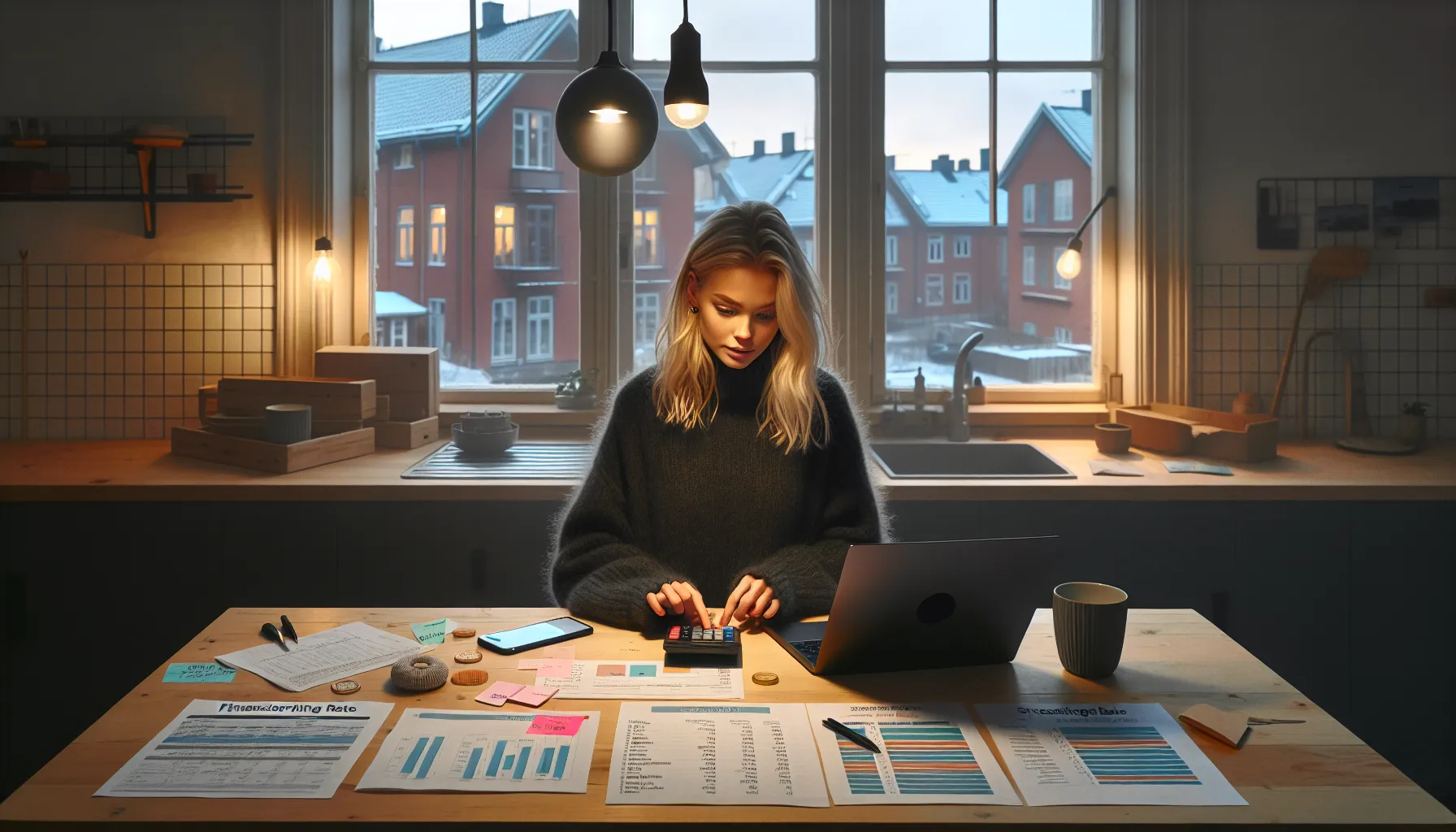 Young norwegian buyer calculating mortgage and costs at a kitchen table.
