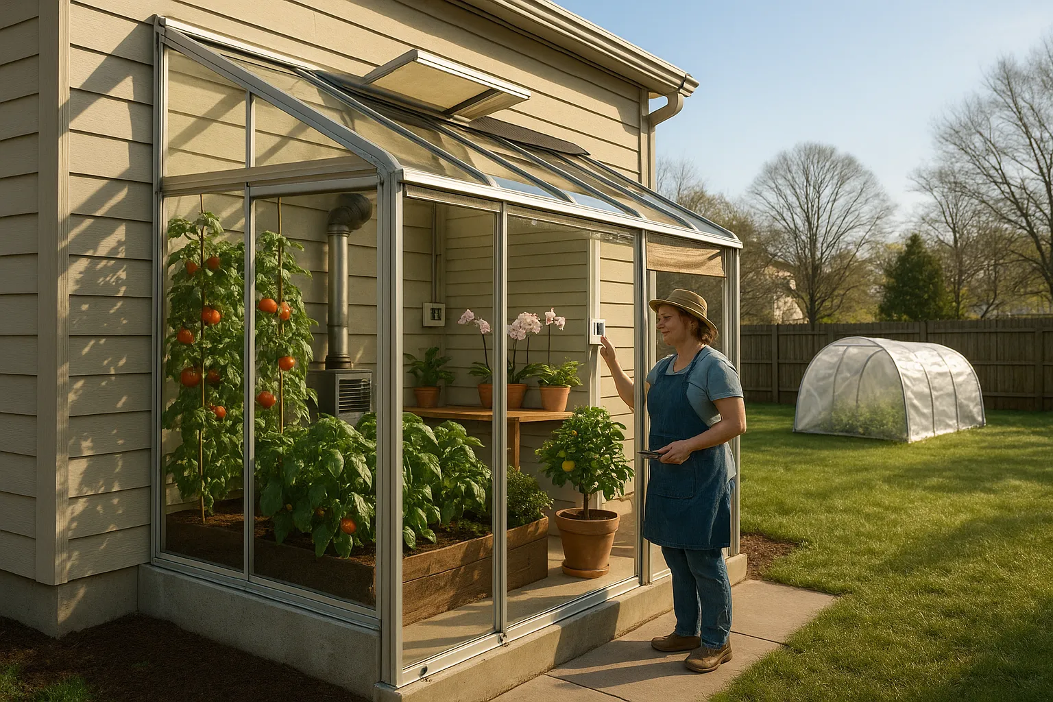 A gardener adjusts a thermostat inside a sturdy glass greenhouse next to a polytunnel.