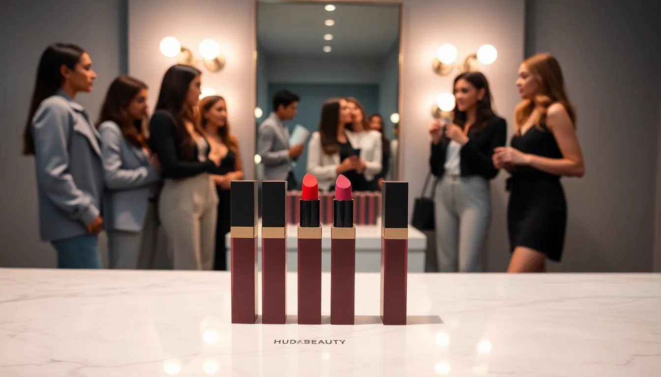 vibrant display of Huda Beauty Liquid Matte lipsticks on a stylish countertop.