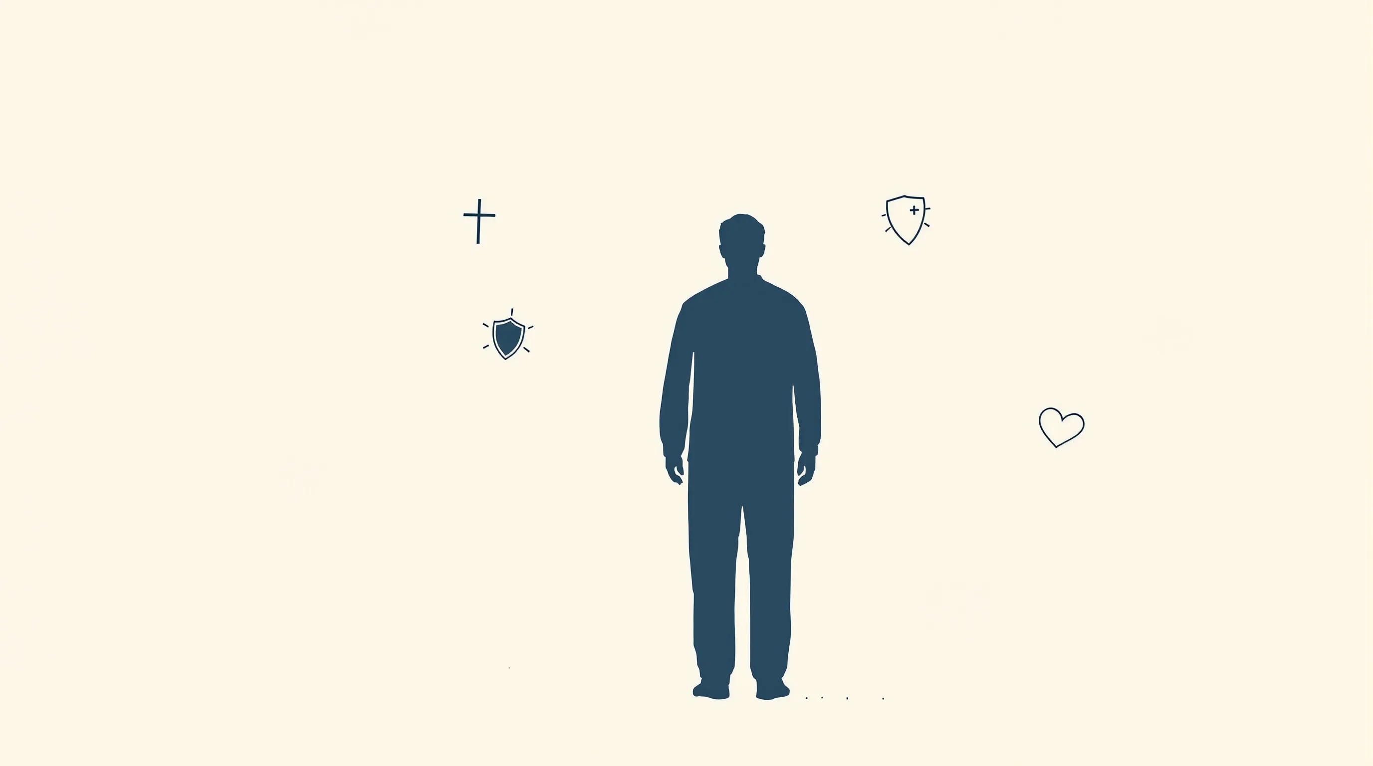 Male silhouette with cross, shield, and heart icons on neutral background.