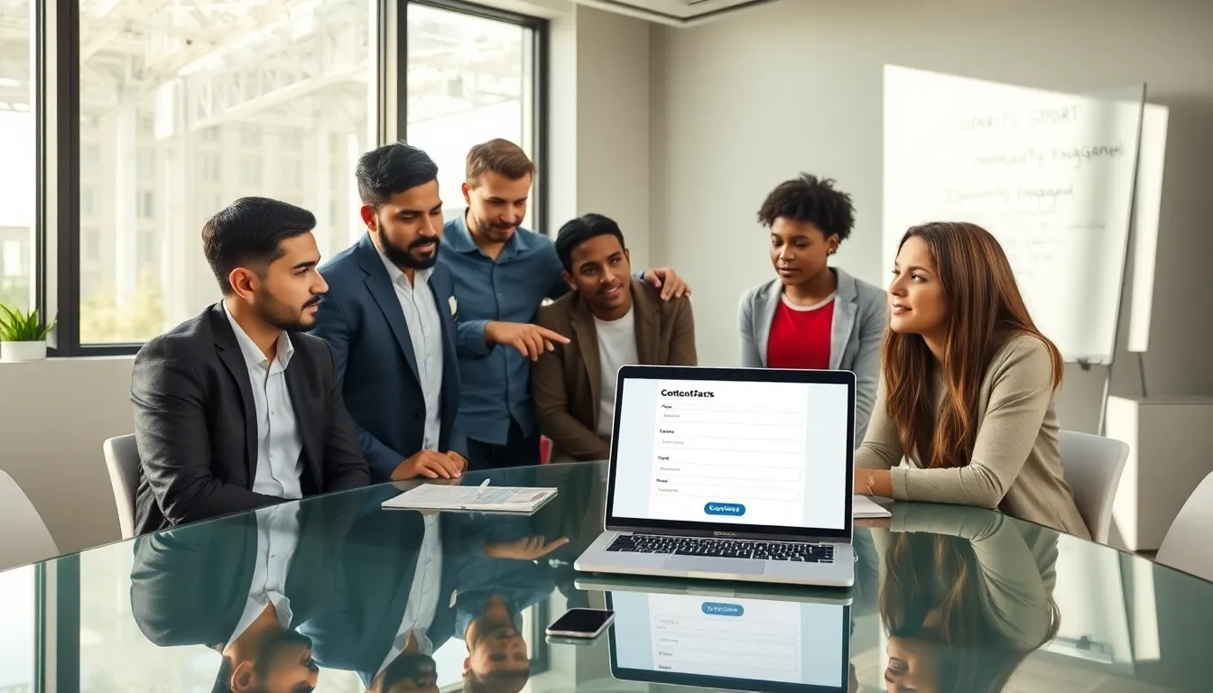 diverse team discussing a digital contact form in a modern office.