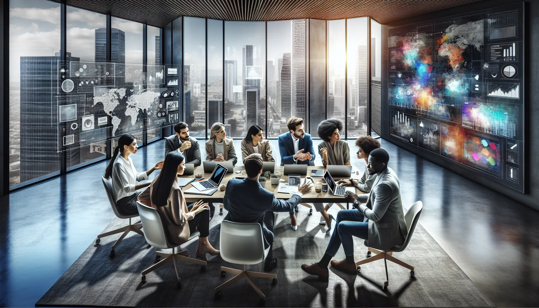 diverse team brainstorming in a modern office.