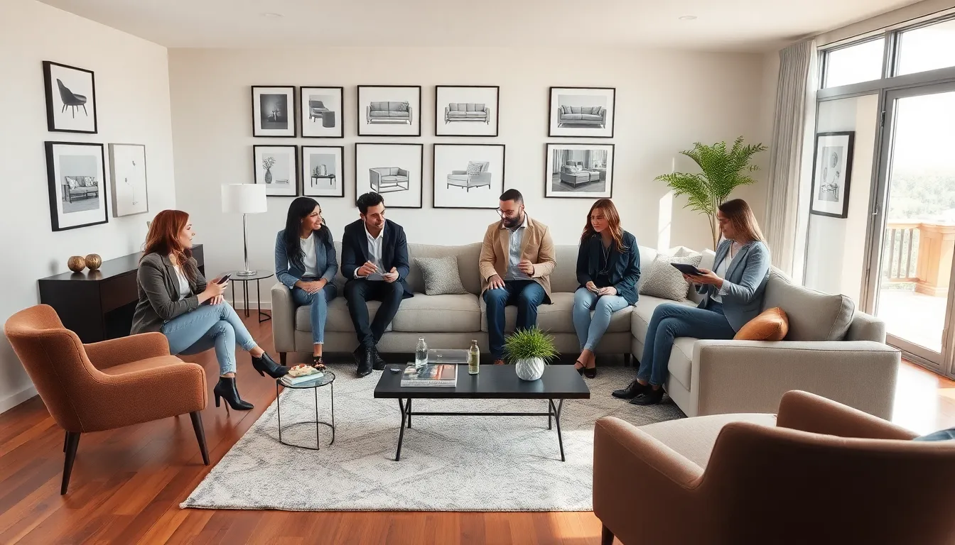 diverse team discussing furniture arrangement in a modern living space.