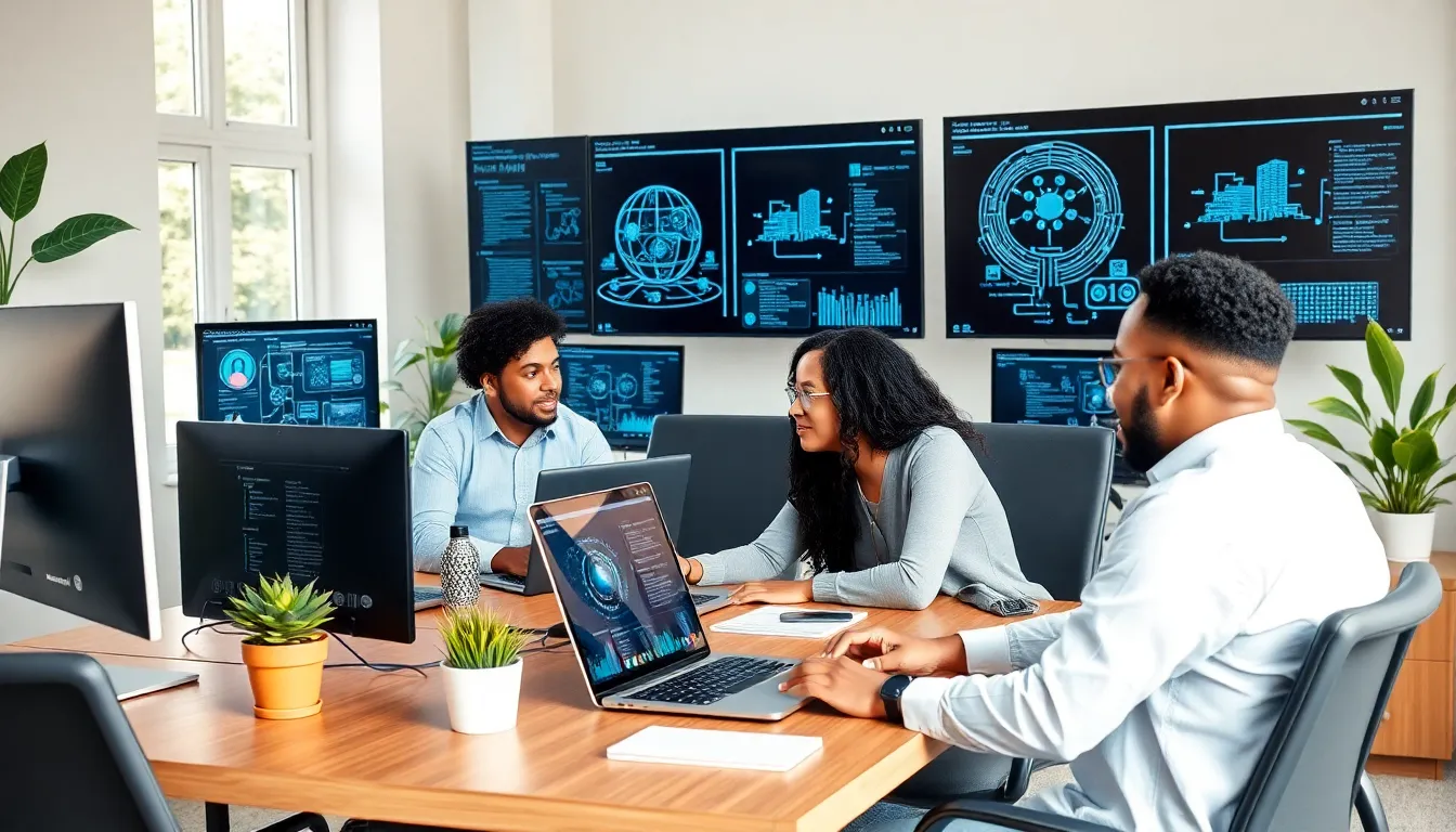 diverse team working on networking tasks in a home office.
