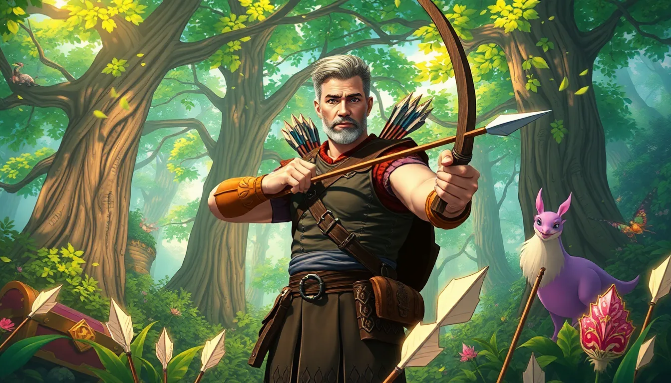 An archer stands in an enchanted forest with treasure chests and arrows.