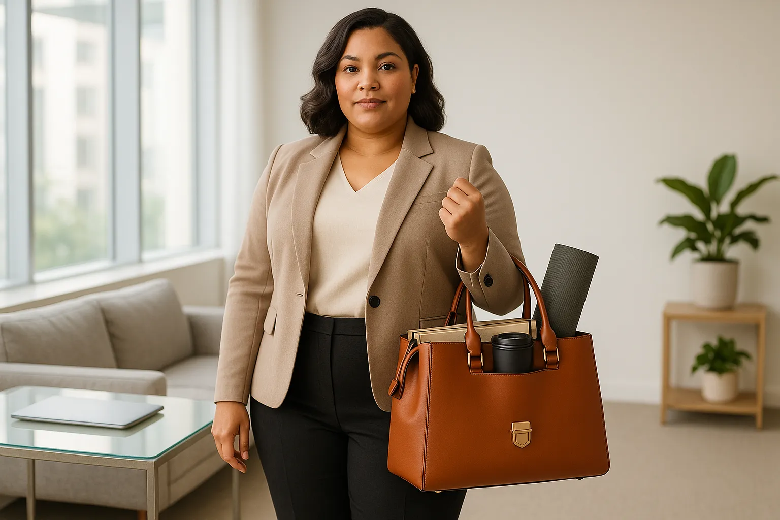 Professional woman with structured leather satchel in a modern office space.