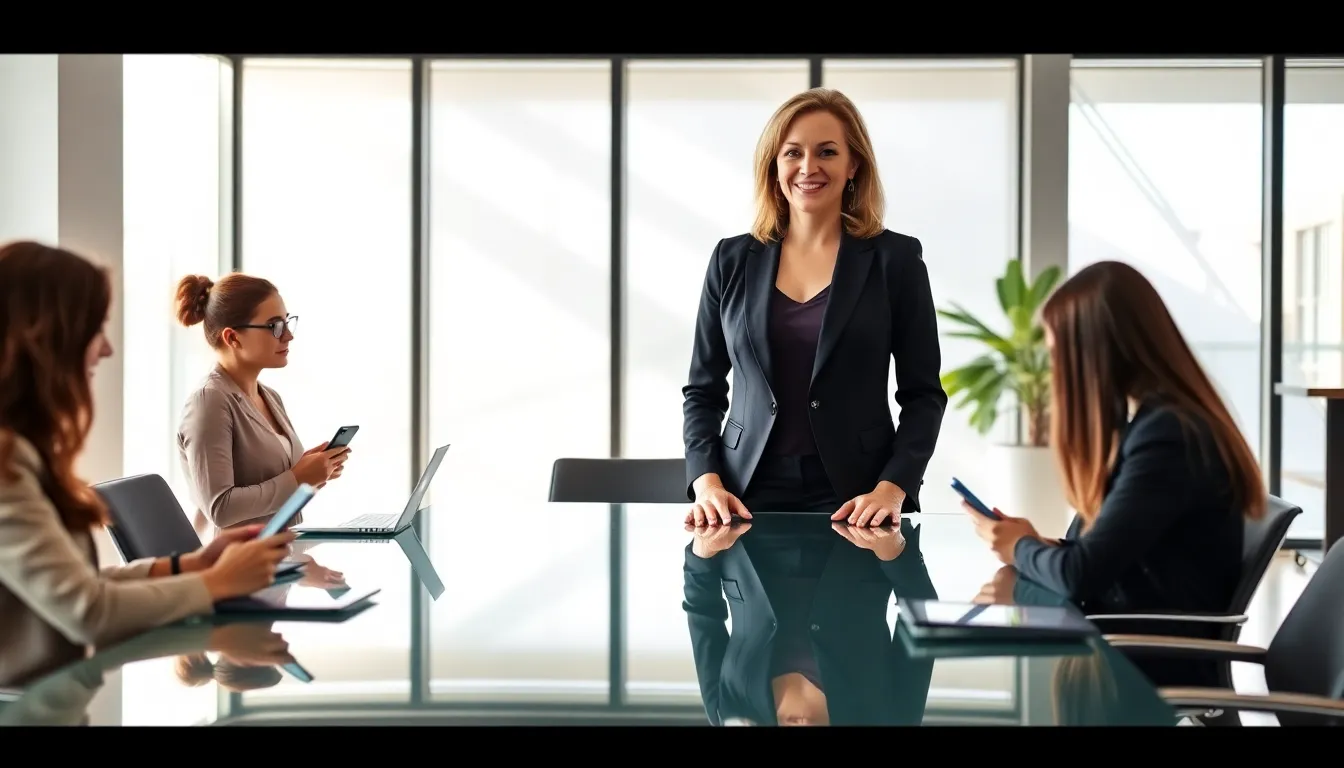 Stacy Klinger collaborating with a diverse team in a modern office.