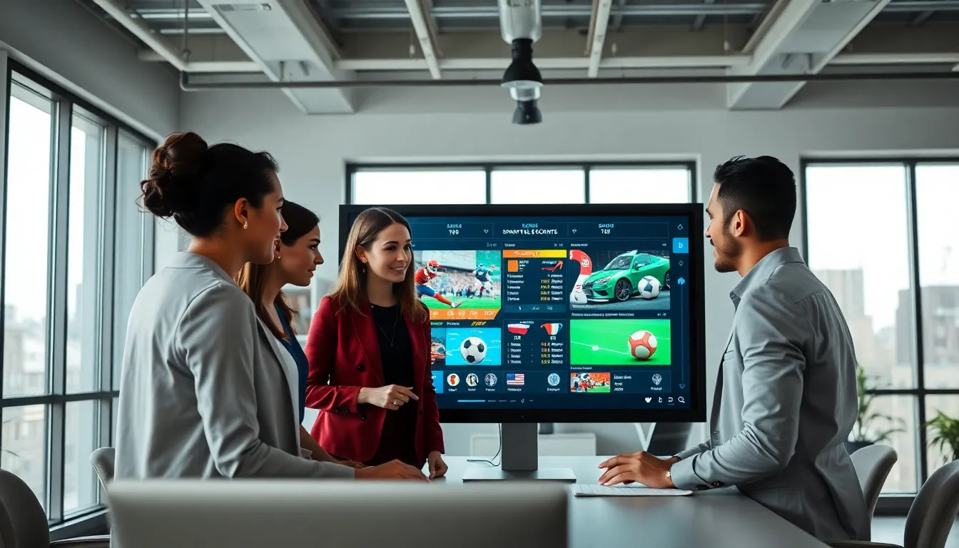 A diverse team discussing sports news in a modern office.