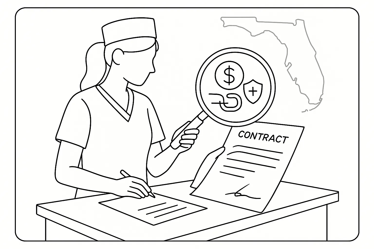 Nurse practitioner examining a contract with icons for pay, liability, and mobility of Florida Nurse Practitioner Contract Review.