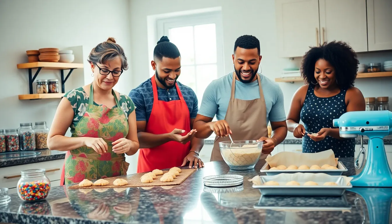 a diverse team baking cookies in a modern kitchen.