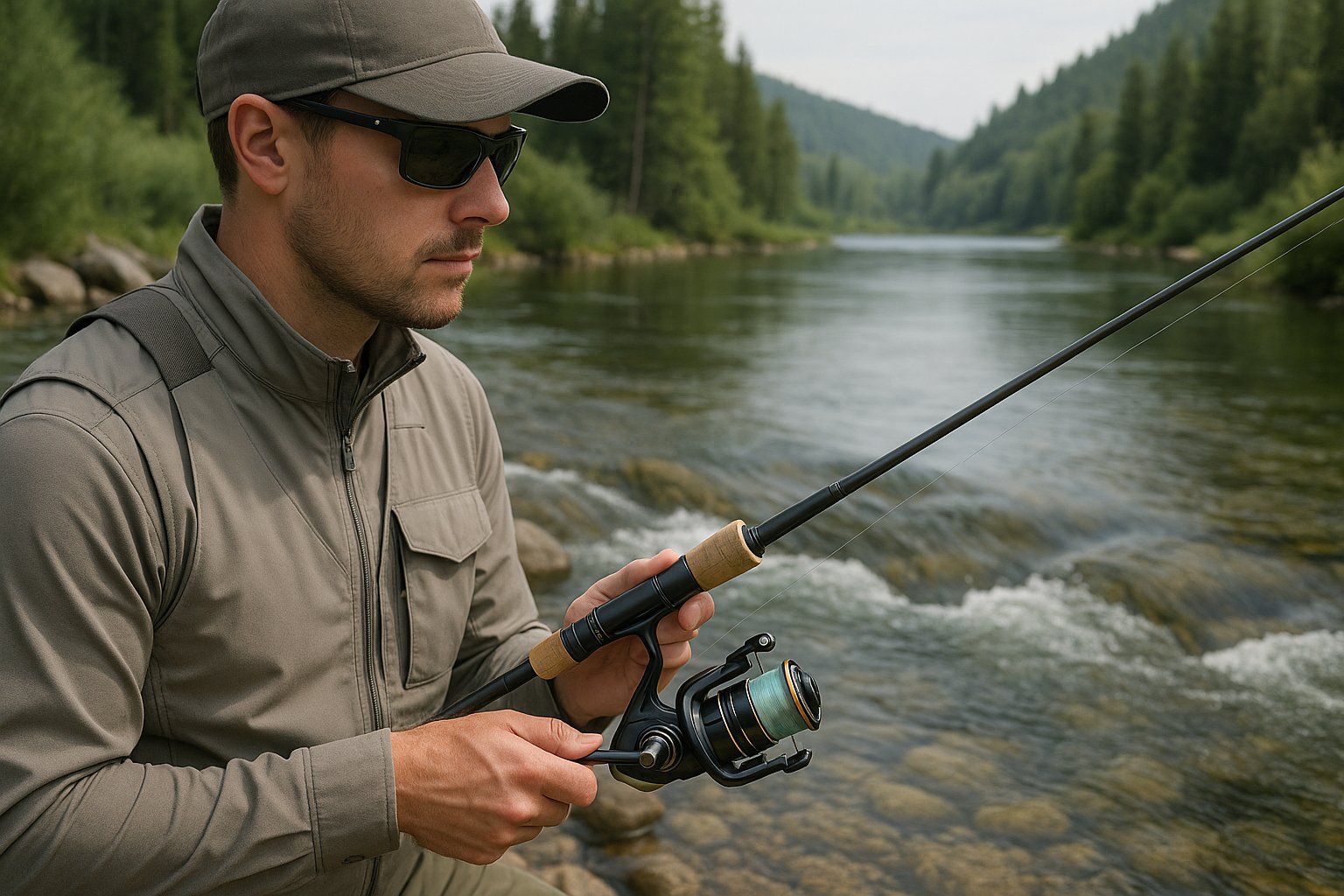 Angler assessing stream conditions with a light trout reel setup.