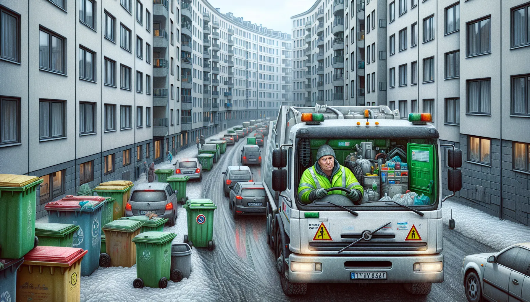 Norwegian garbage truck in traffic passing both overflowing and almost empty waste bins.