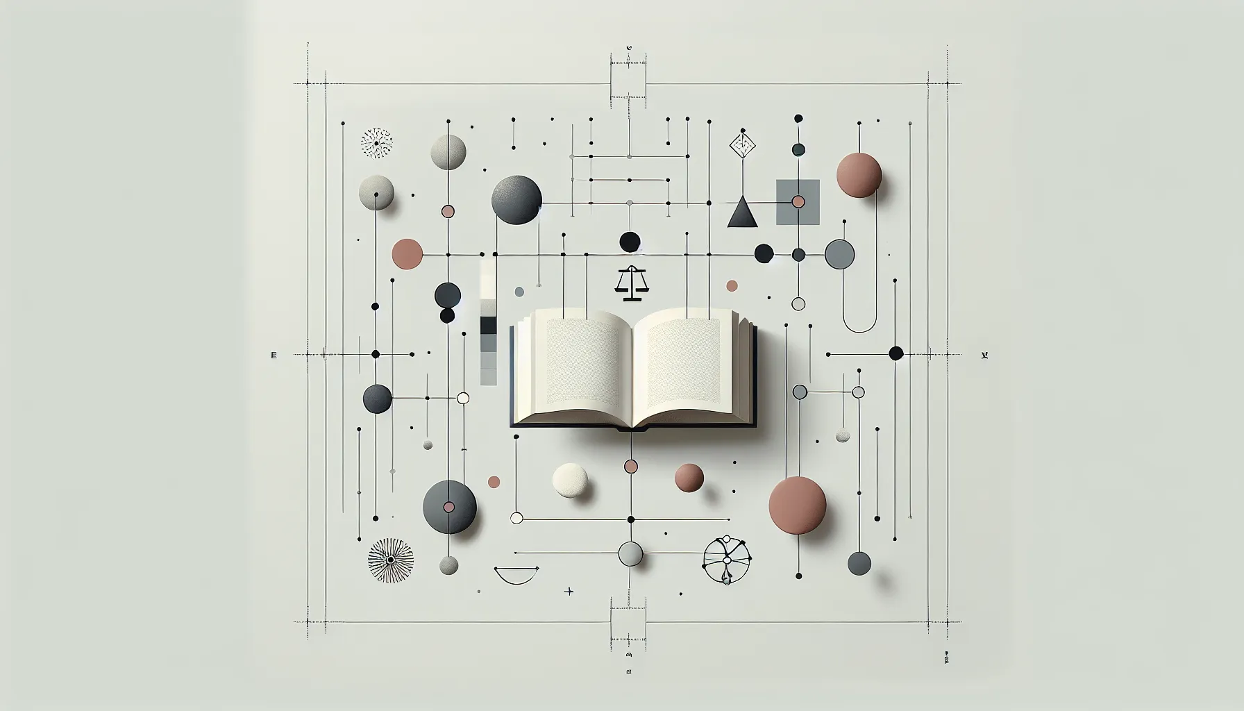 Open book with floating geometric shapes representing literary themes and analysis