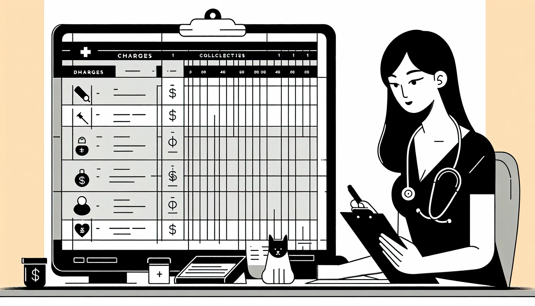 Veterinarian reviewing a pay chart comparing charges, collections, and adjustments.