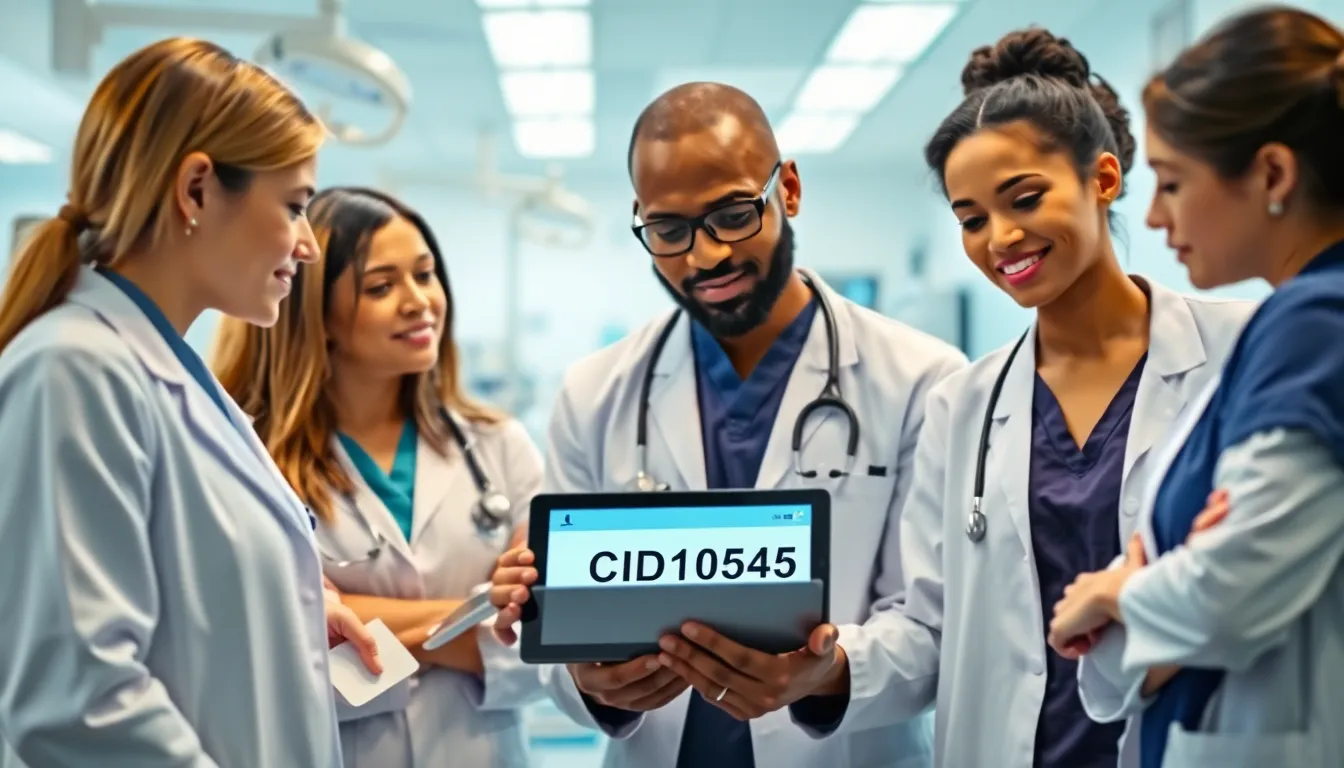 healthcare professionals discussing medical coding in a modern setting.