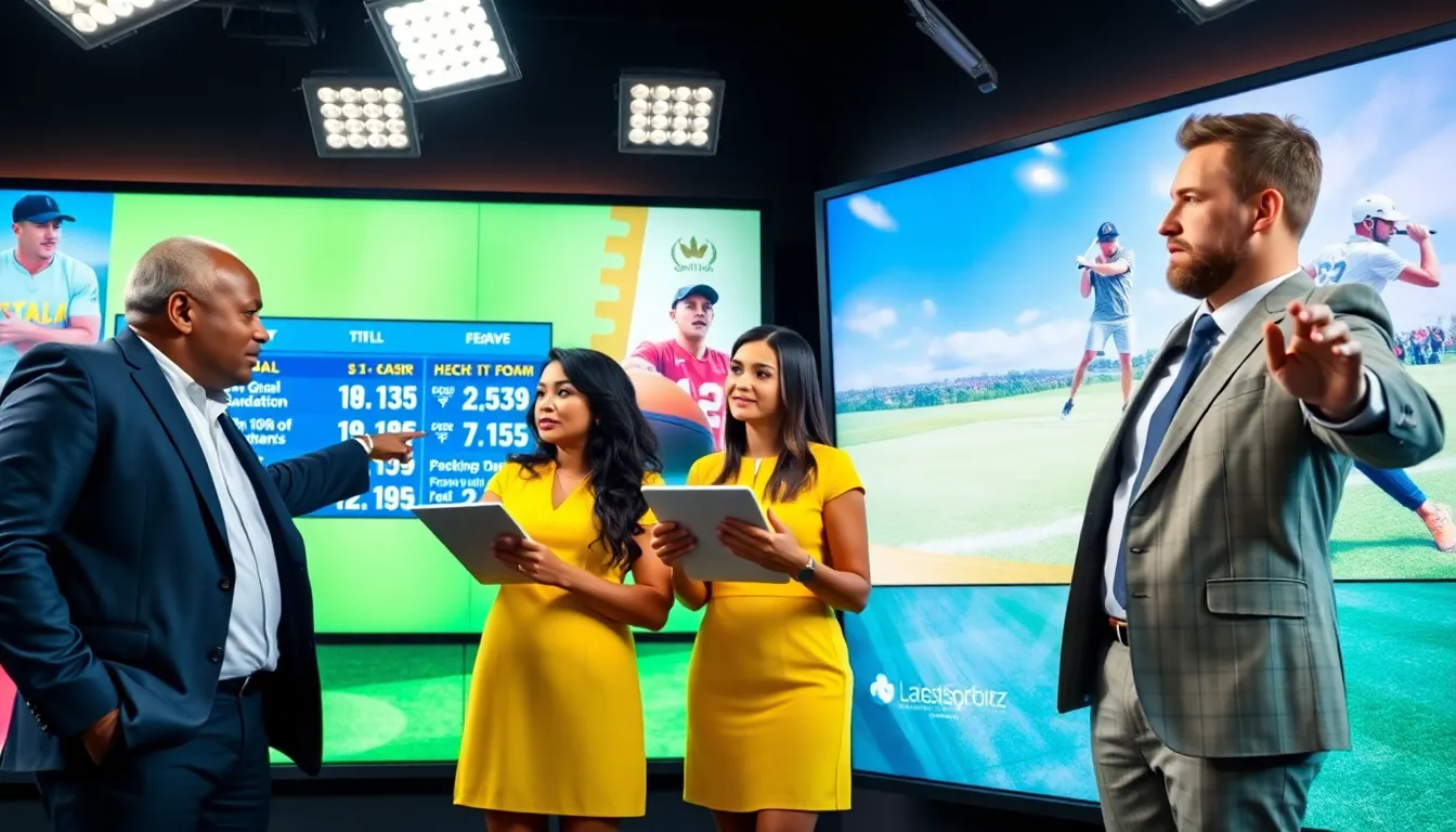 sports analysts discussing football and golf in a dynamic newsroom.