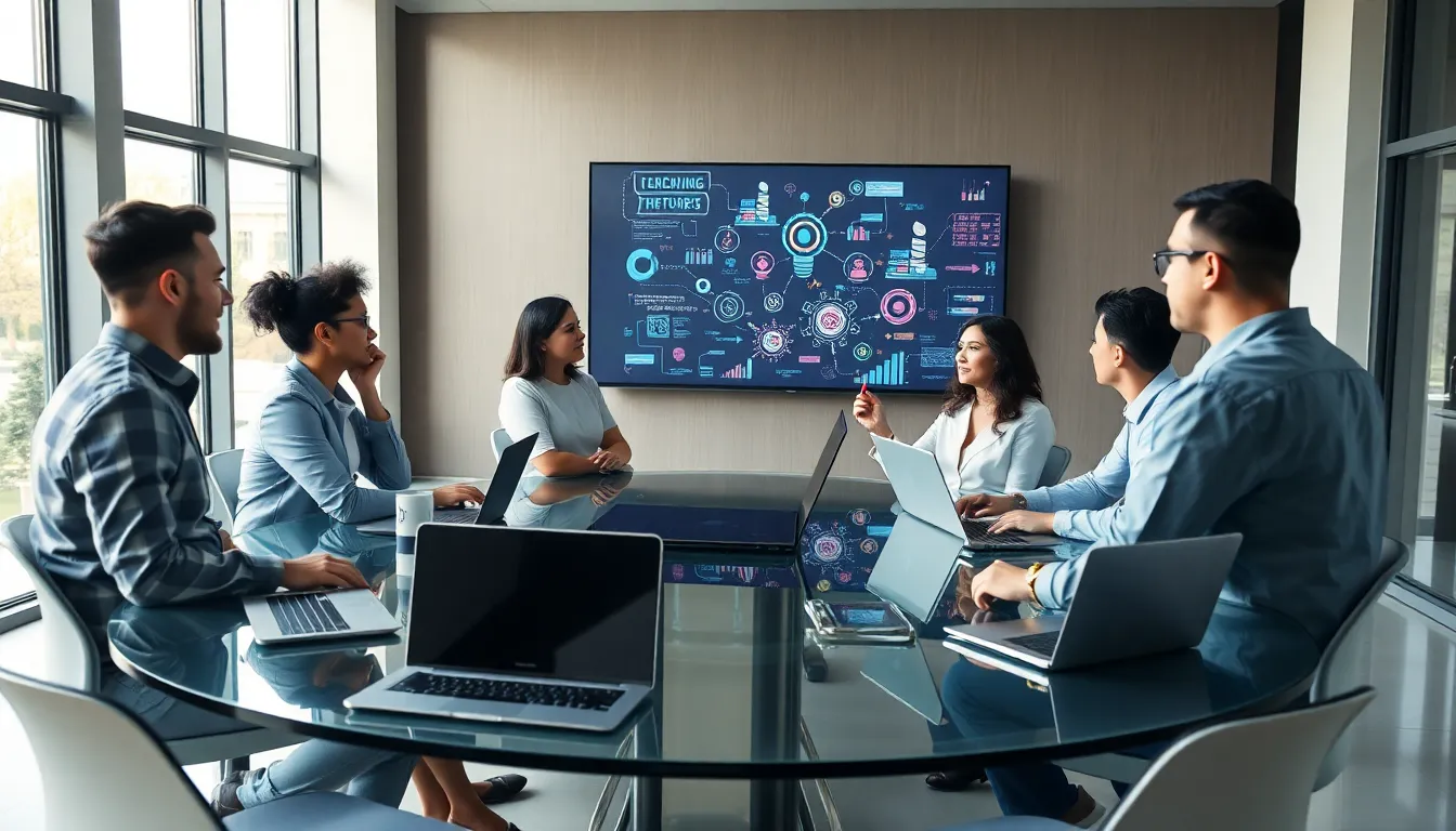diverse professionals discussing interconnected ideas in a modern office.