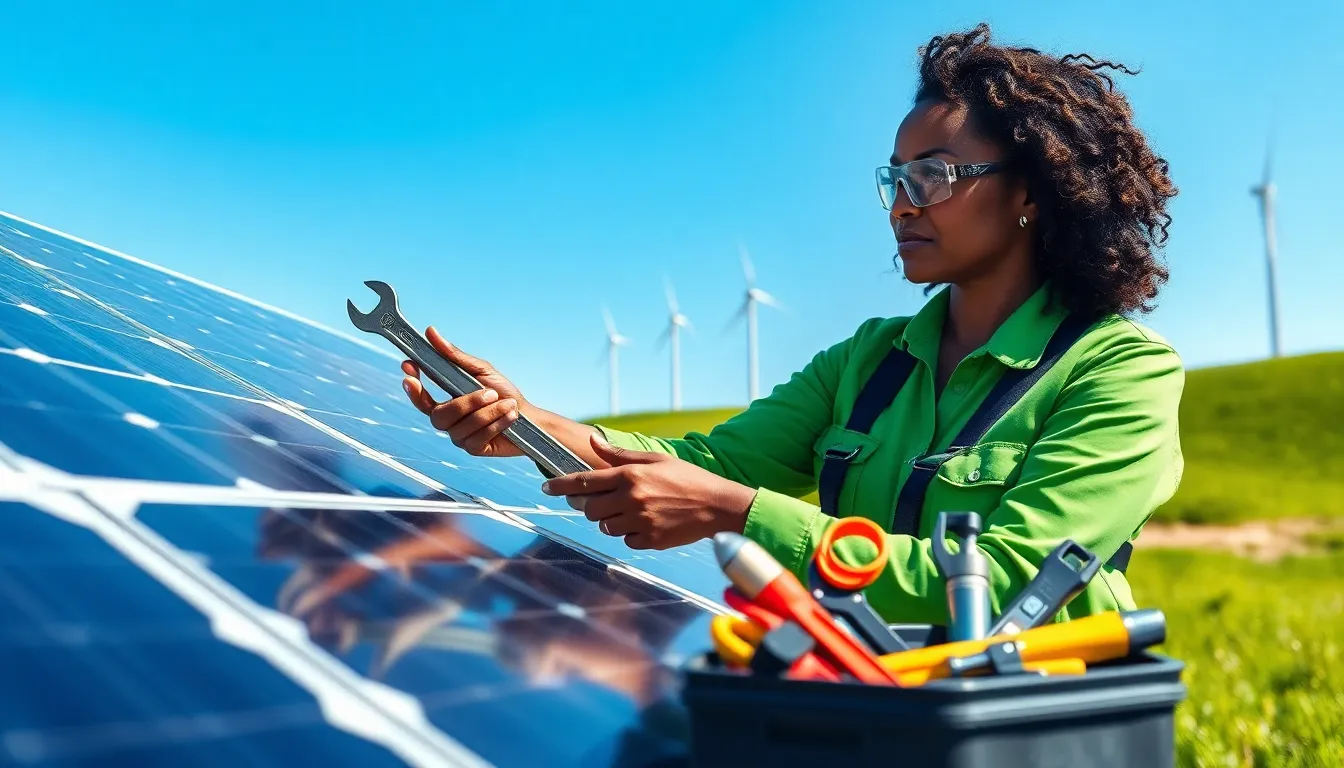 Naomi Bennett adjusting solar panels at a clean energy installation site.