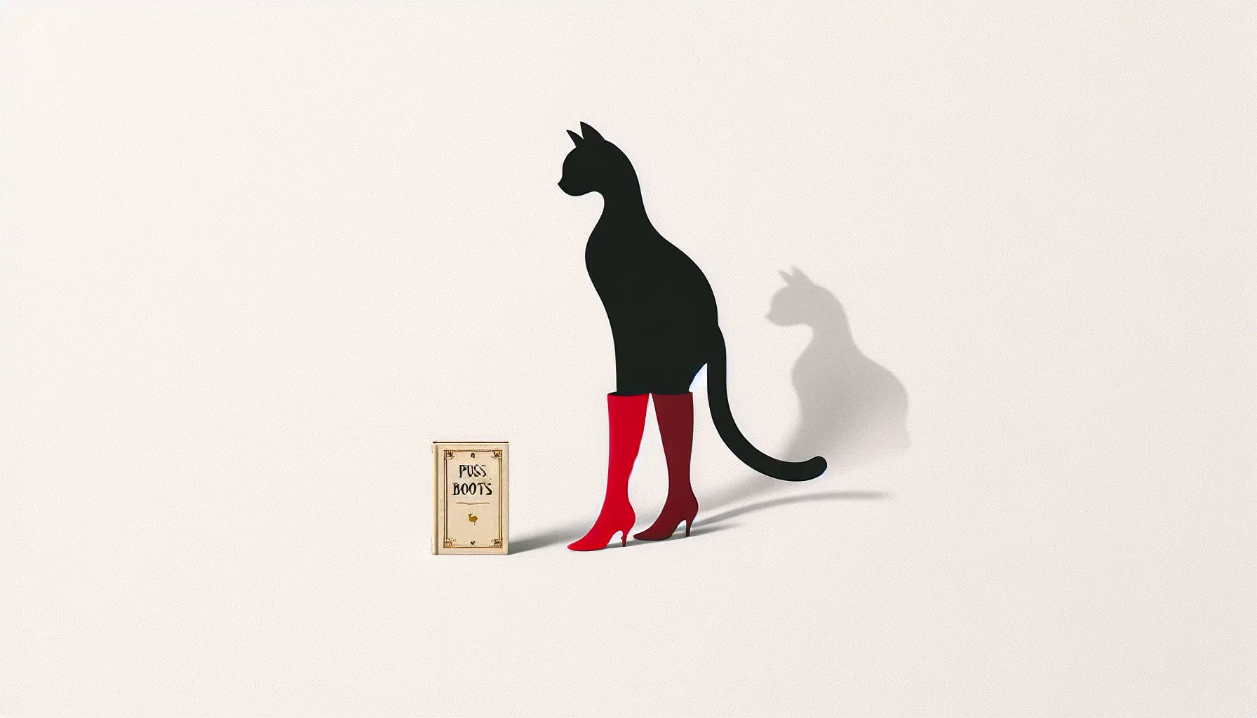A minimalist black cat wearing red boots next to a vintage book.