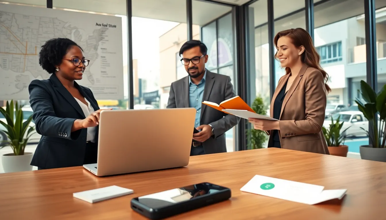 real estate professionals discussing client communication in a modern office.