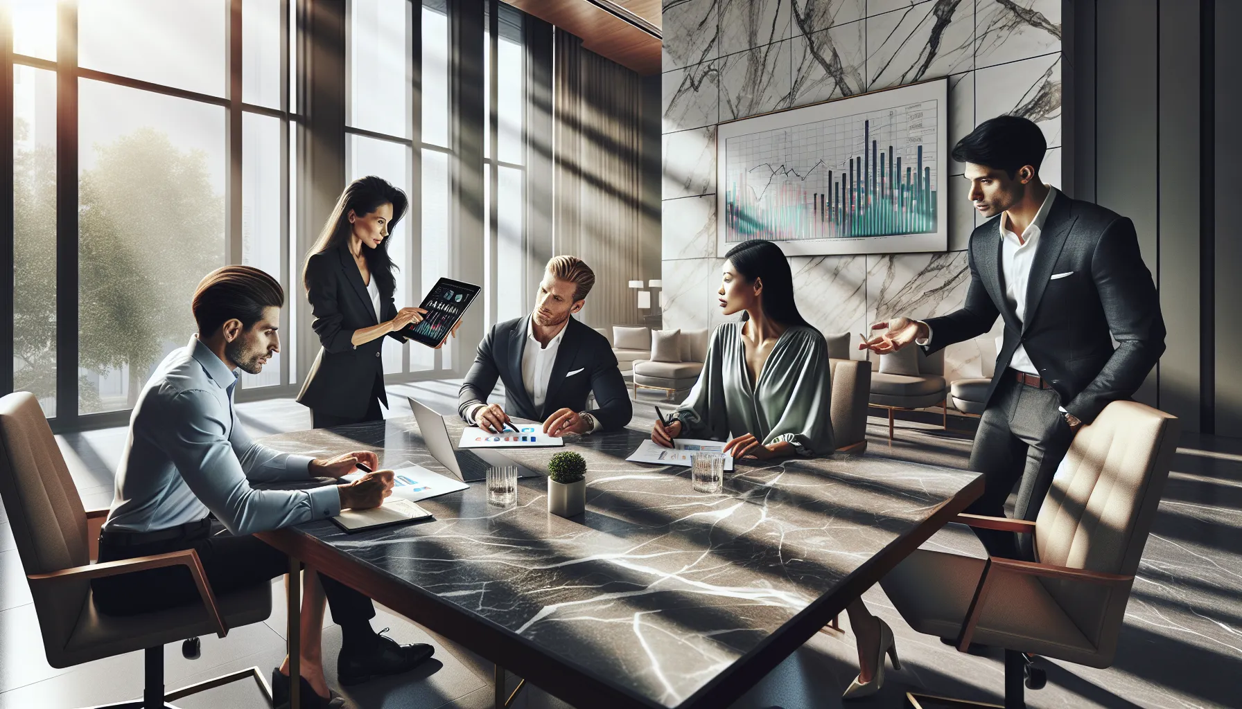 professionals discussing bankroll management in a modern office.