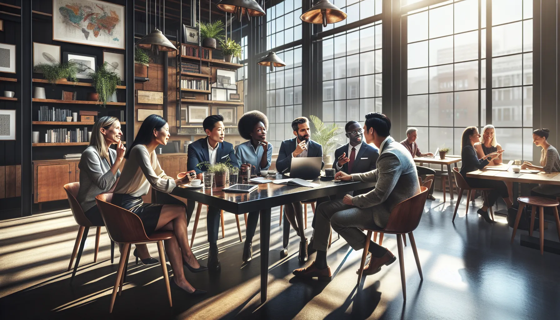 diverse professionals discussing concepts in a modern caf&eacute;.
