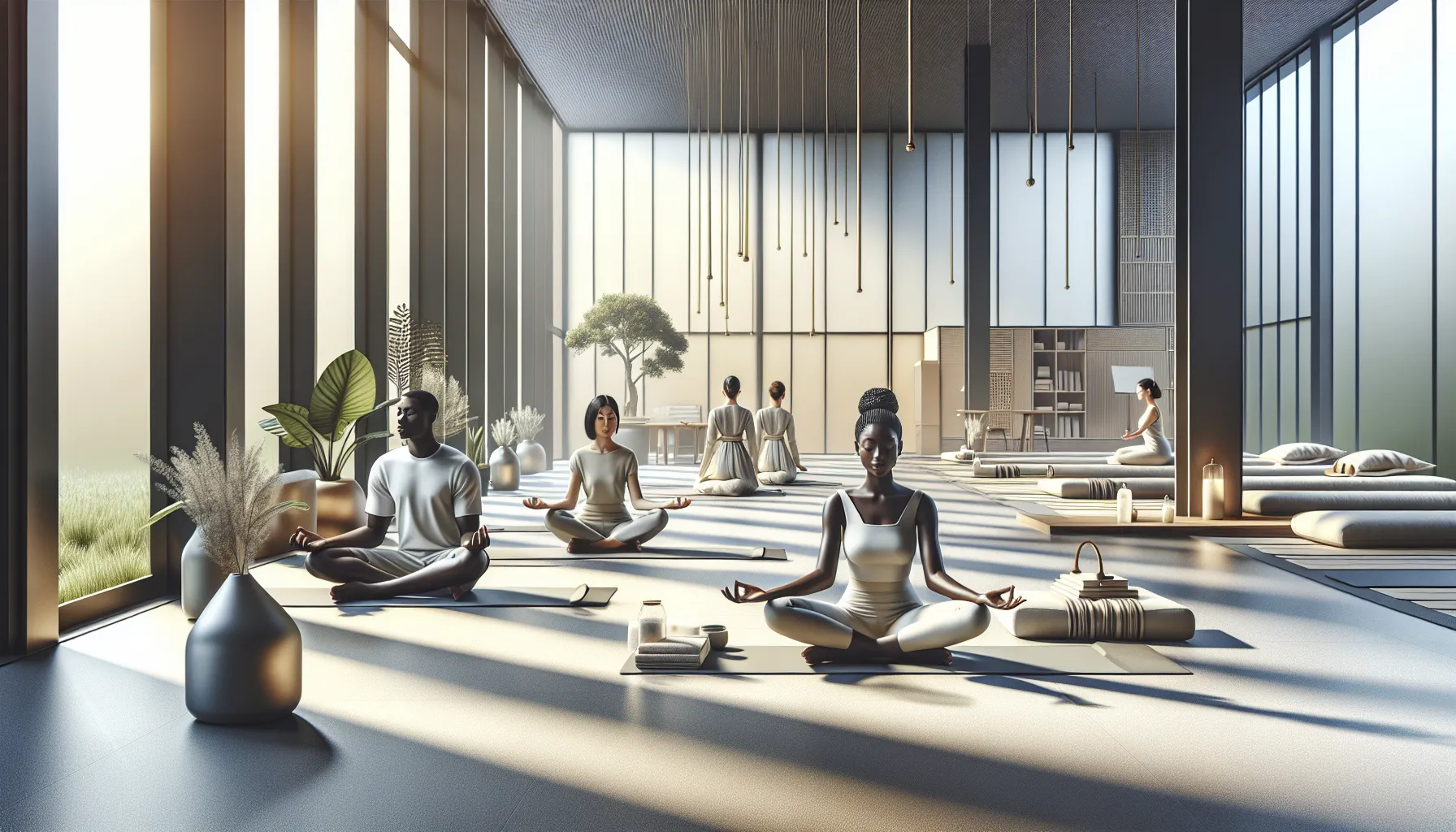 group practicing mindfulness in a calm wellness environment.