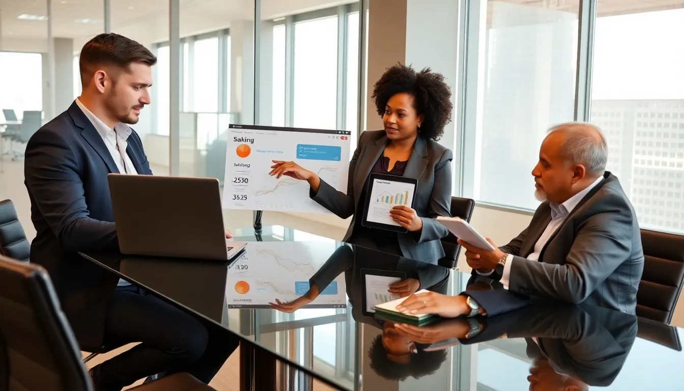 diverse team discussing blockchain staking in a modern office.
