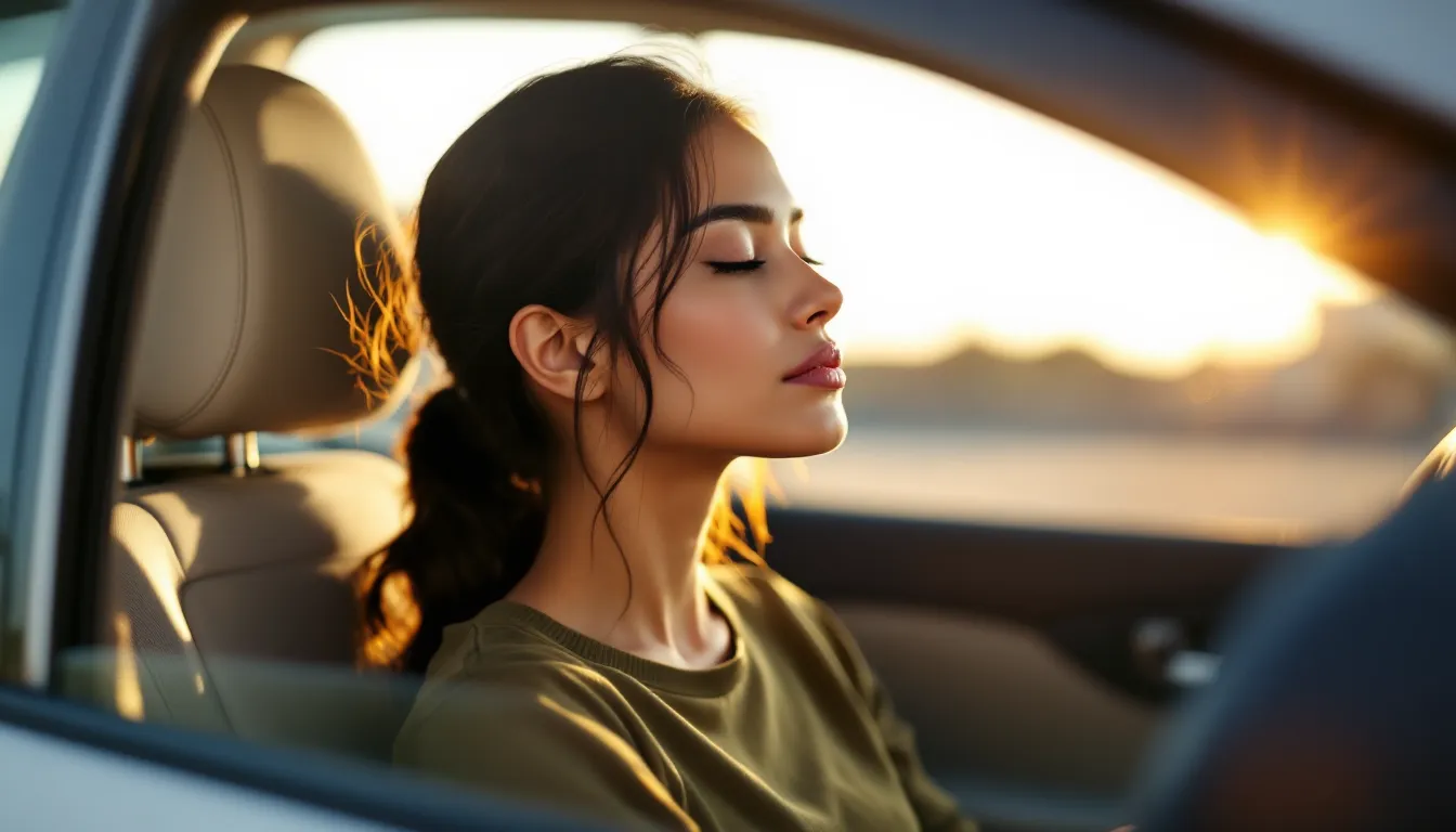Woman sitting in a parked car practicing a calming breathing exercise in afternoon sunlight.