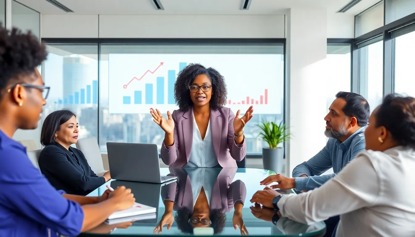 professionals discussing growth mindset coaching in a modern office.