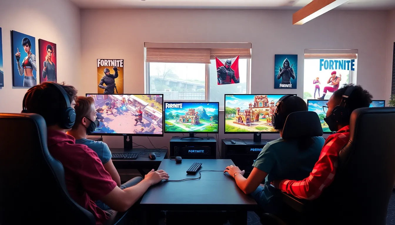 diverse gamers engaging with Fortnite gameplay modes in a modern gaming room.