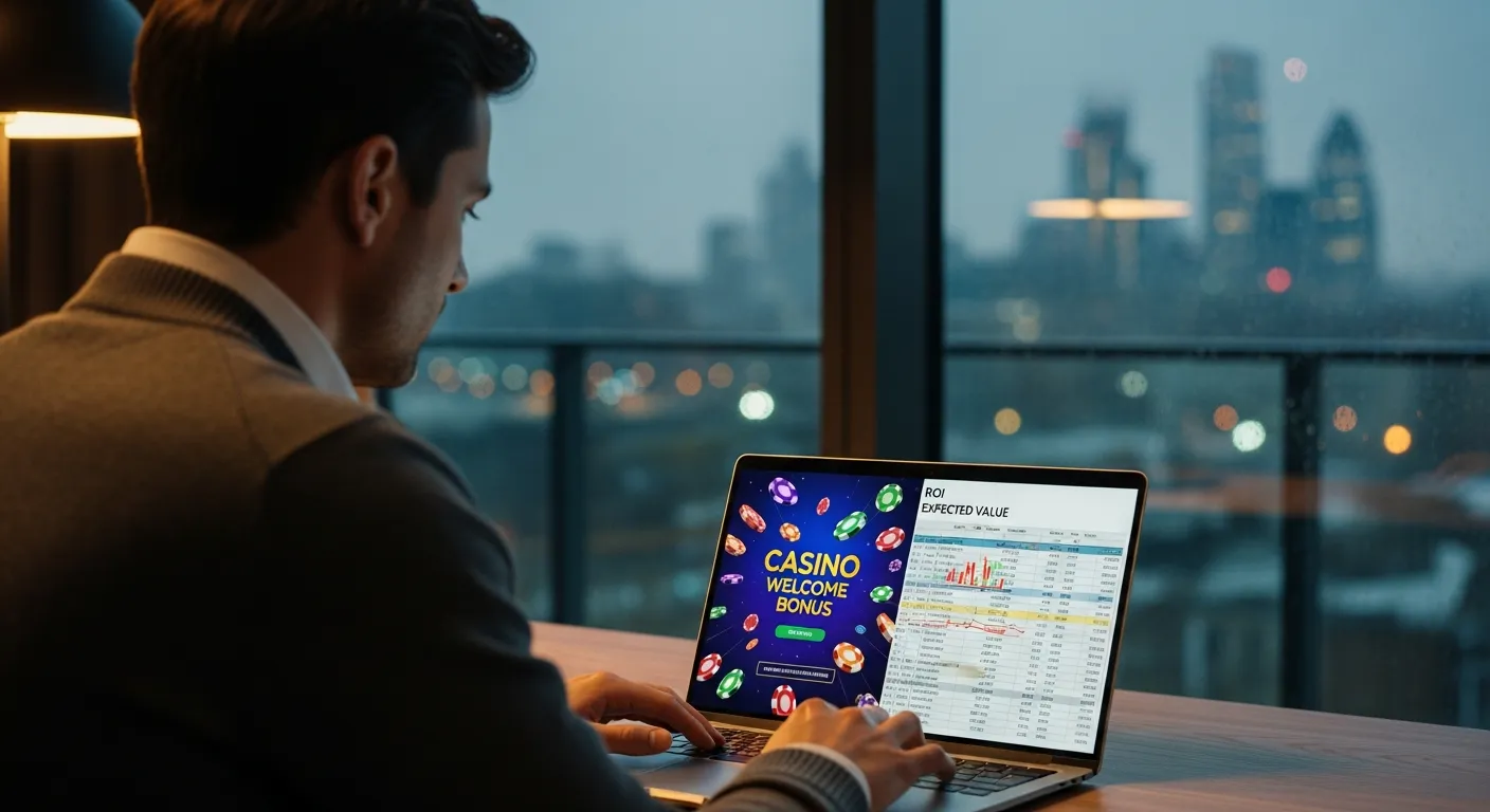 A man analyzing casino bonus statistics and charts on a laptop in a modern apartment.