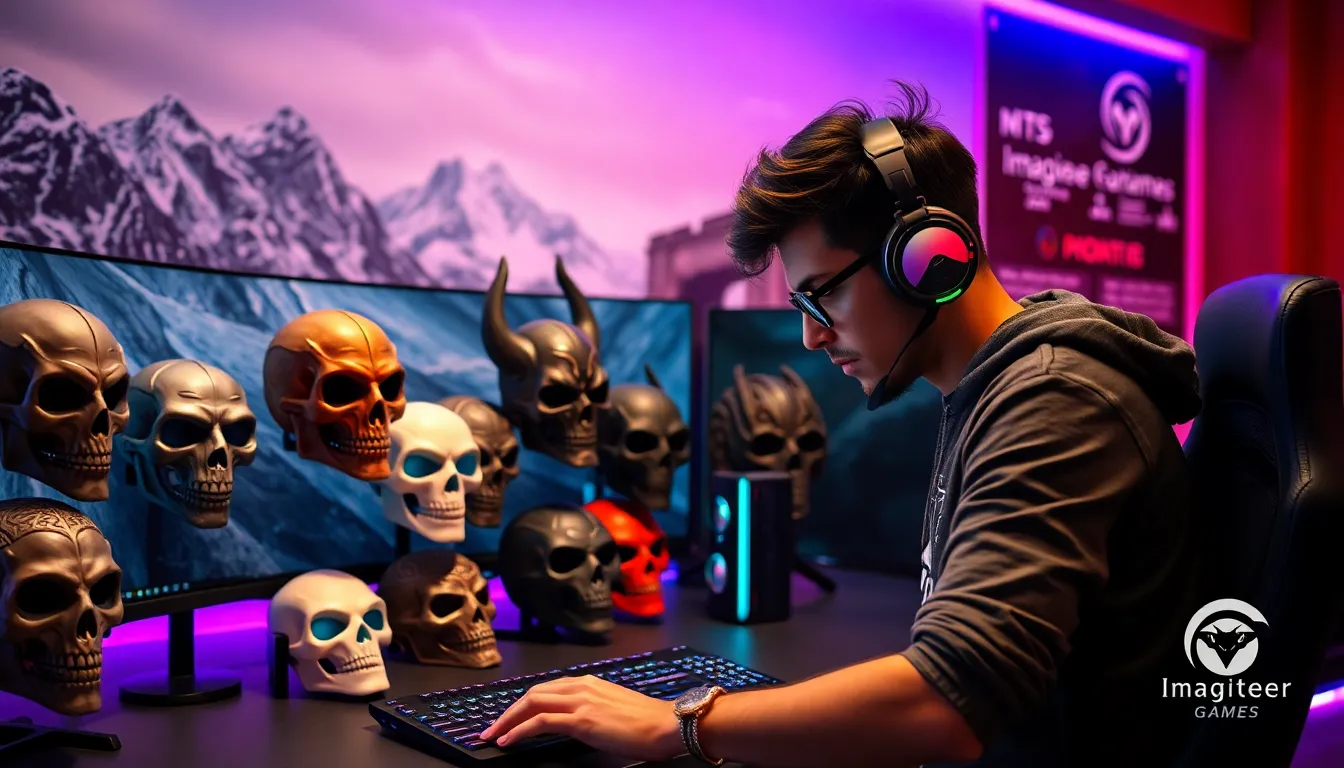 various Skyrim face masks displayed alongside a gamer in a modern setup.