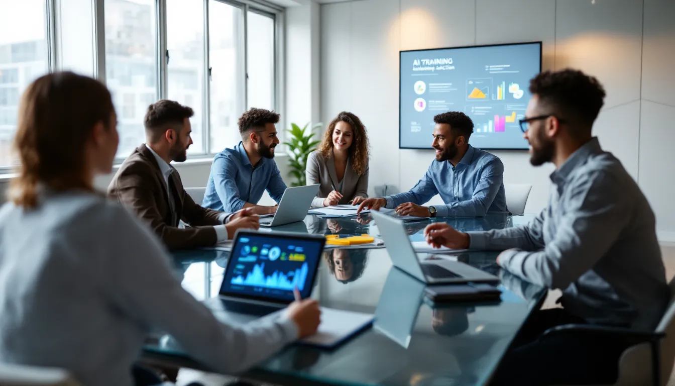 Diverse team collaborating on AI integration in modern conference room.