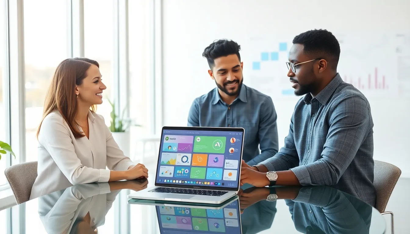 diverse professionals collaborating on a low code platform in a modern office.