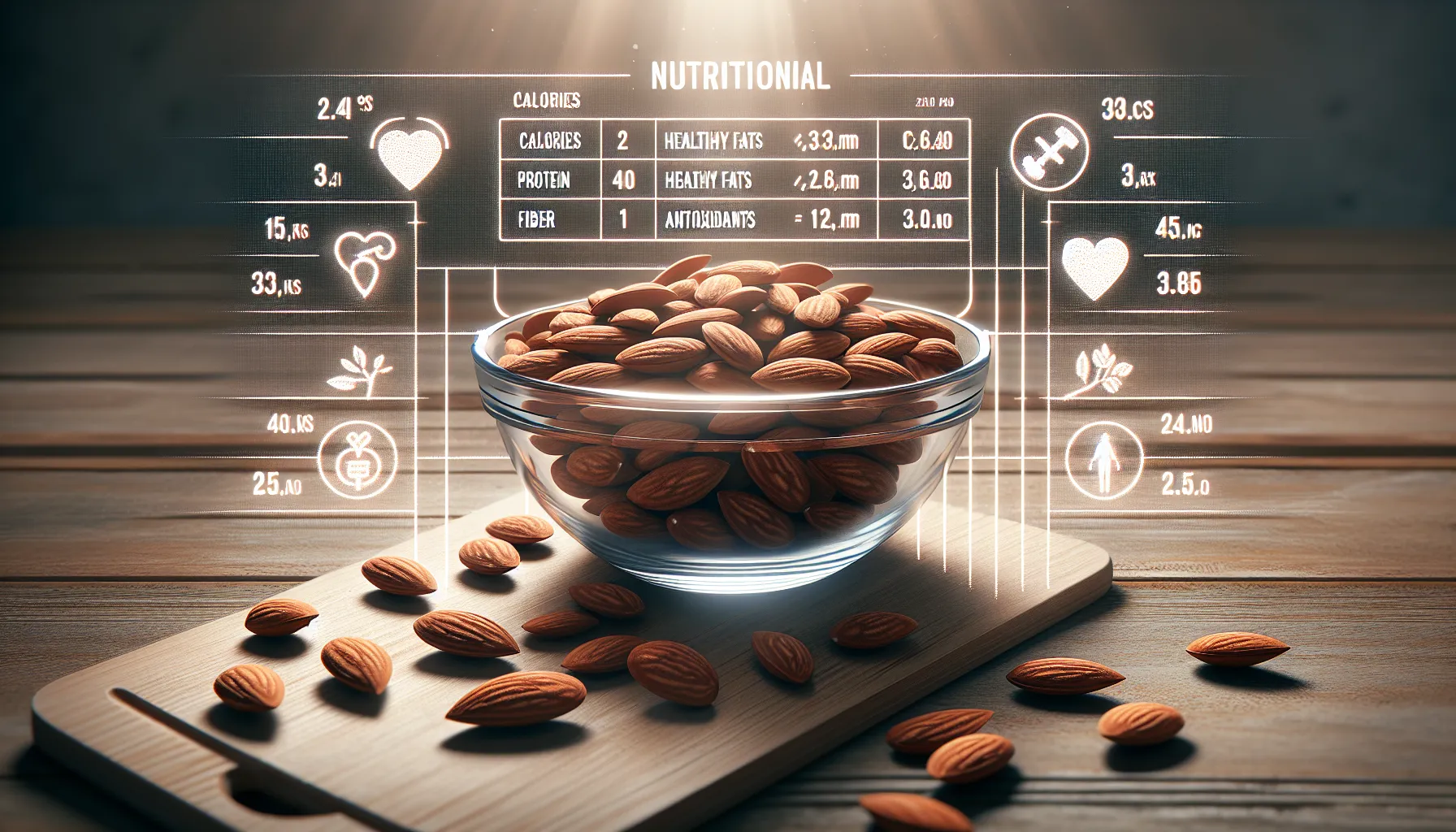 Glass bowl of almonds with a nutrition table on a modern surface.